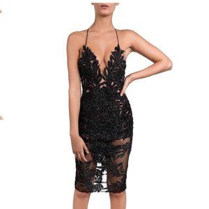 Nadine Merabi Midi Dress Sheer Mesh Black Sequin